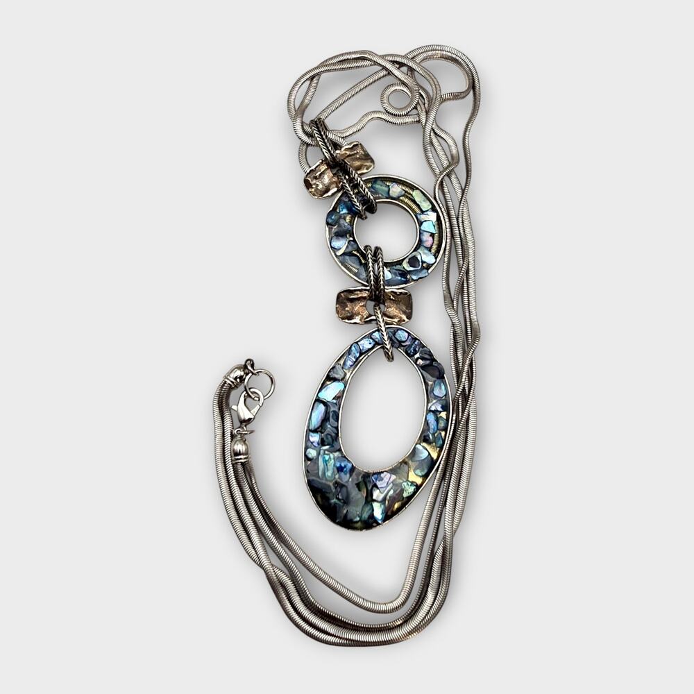 Mosaic Iridescent Shell Long Pendant Necklace Snake Chain – Coastal Boho Luxe